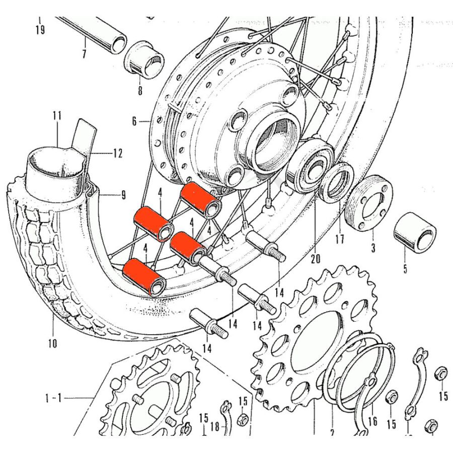 Transmission - Couronne, Silent bloc de roue, amortisseur de couple (x1) - 41241-286-000 - CB250, 350, 360 ...